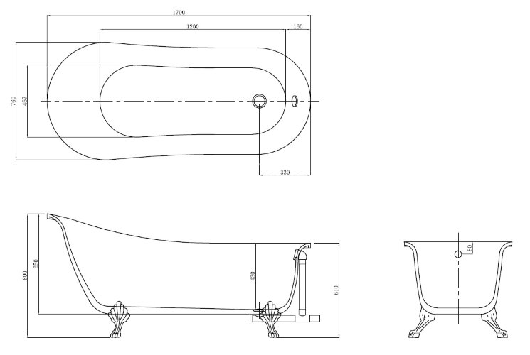 Ванна акриловая AZARIO CARDIFF 1700x760x800 свободностоящая, в комплекте с сифоном и металлическими