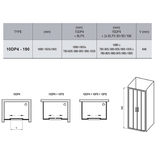 Душевая дверь Ravak раздвижная 190х190, толщина полотна 6мм универсальная, цвет профиля хром